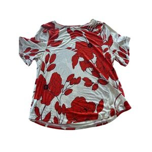 Chicos Floral Print Tunic Top Women's Size 3 Beige Red Short Sleeve